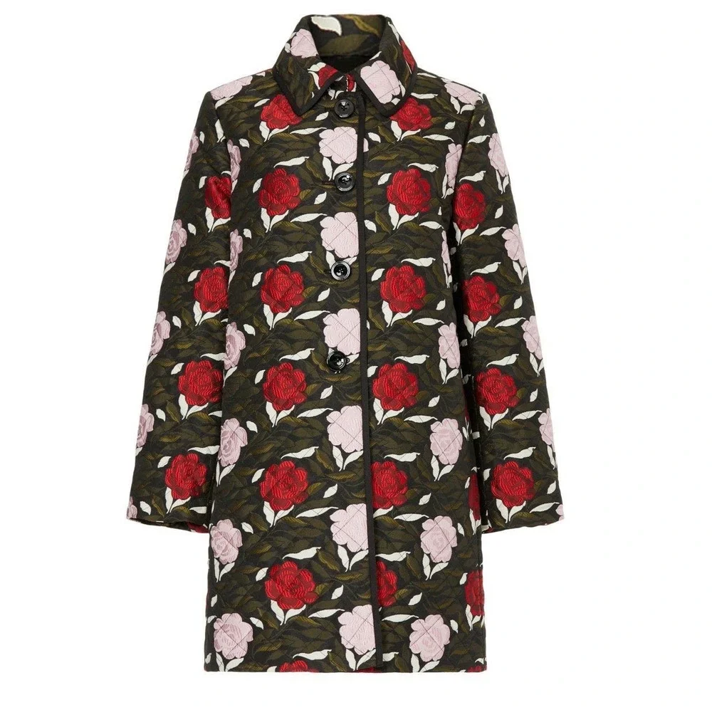 Kate Spade New York Sz XL Quilted Floral Rose Jacket Coat Black Pink Red
